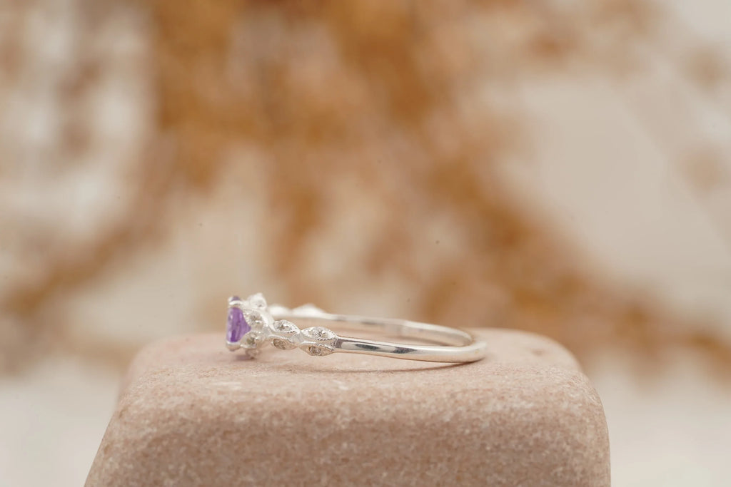 Round Cut Alexandrite 18k White Gold Dainty Engagement Ring - MinimalistJewels