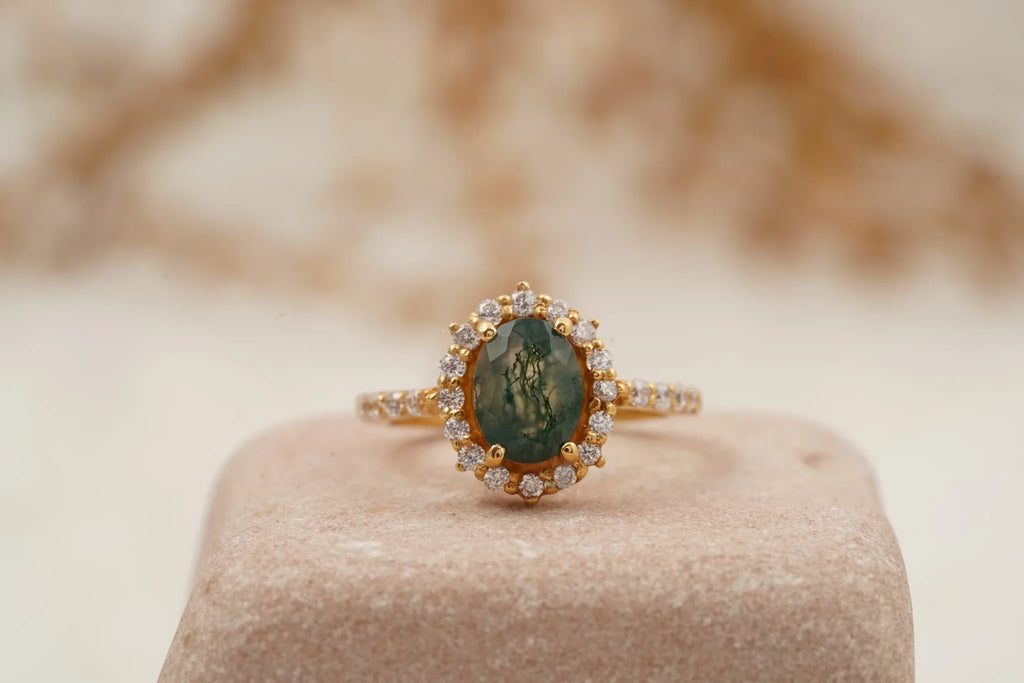 Oval Moss Agate Halo Diamond Engagement Ring 14K Yellow Gold - MinimalistJewels