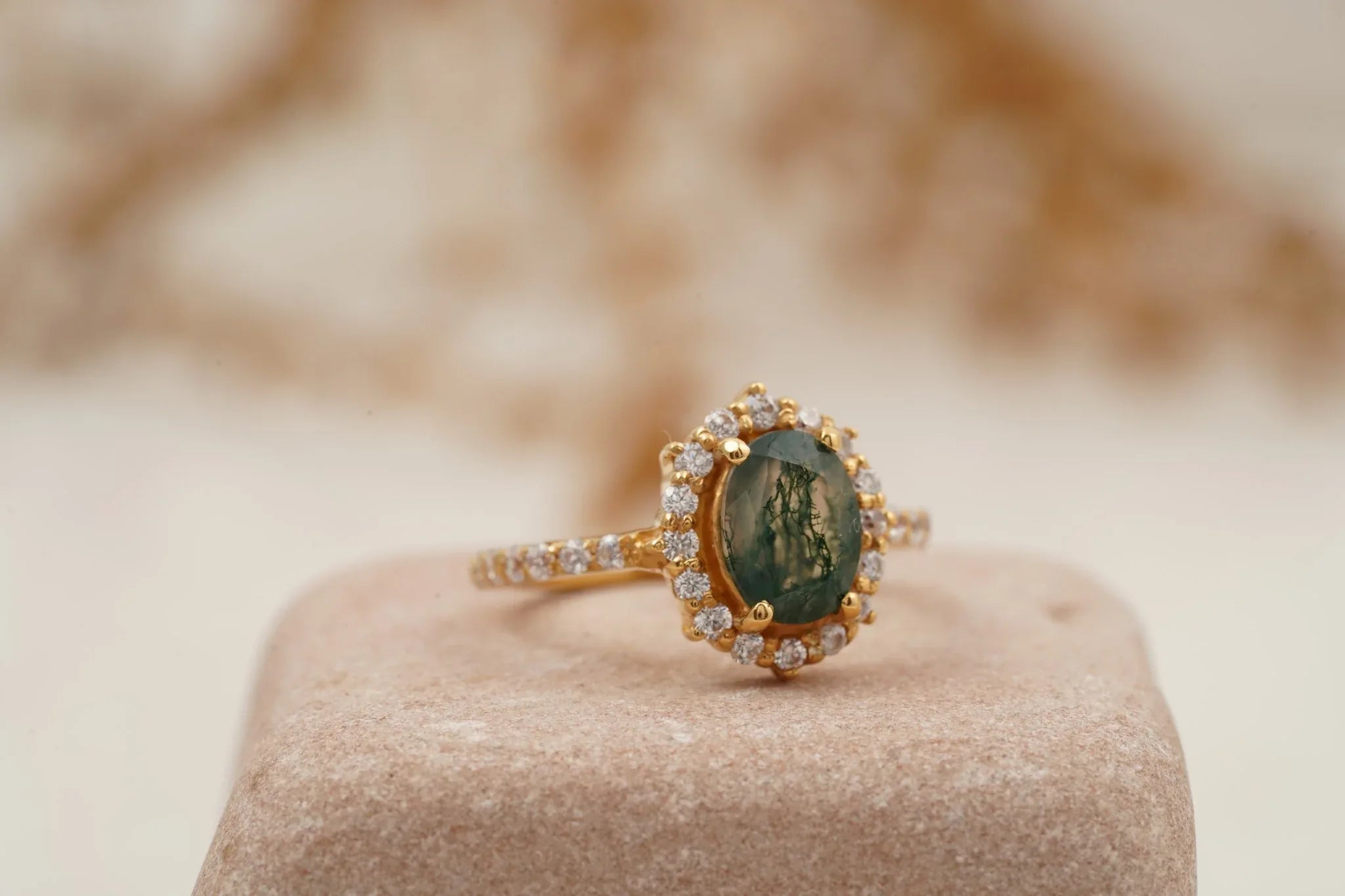 Oval Moss Agate Halo Diamond Engagement Ring 14K Yellow Gold - MinimalistJewels