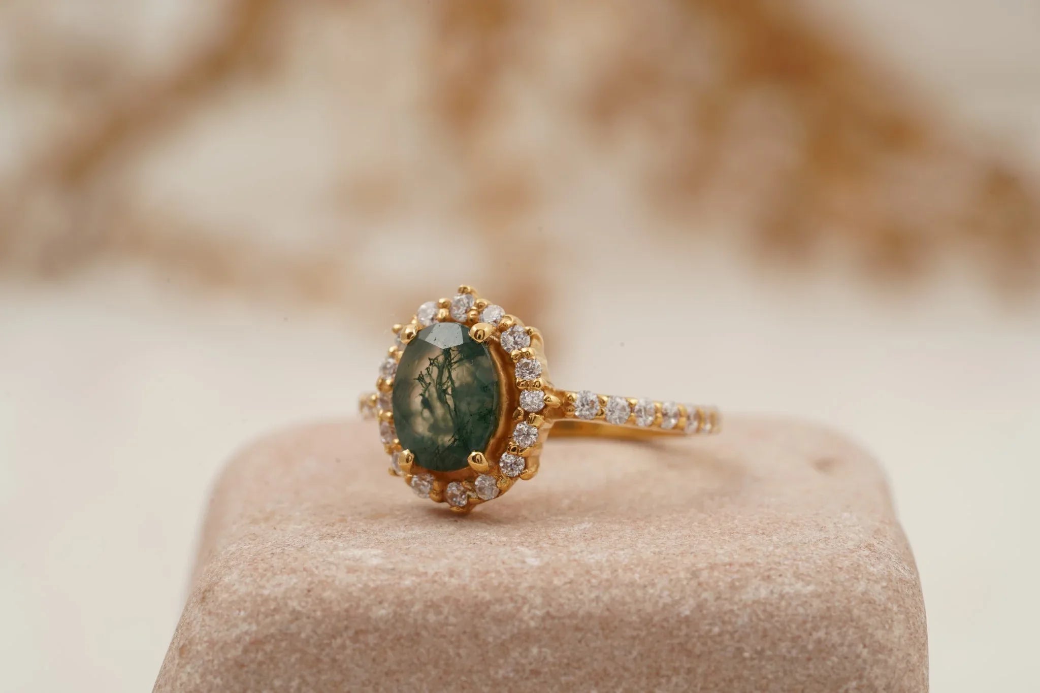 Oval Moss Agate Halo Diamond Engagement Ring 14K Yellow Gold - MinimalistJewels