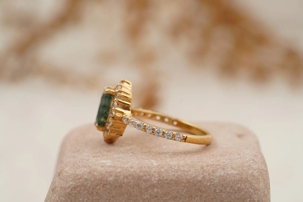 Oval Moss Agate Halo Diamond Engagement Ring 14K Yellow Gold - MinimalistJewels
