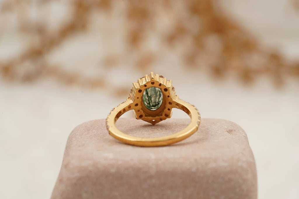 Oval Moss Agate Halo Diamond Engagement Ring 14K Yellow Gold - MinimalistJewels