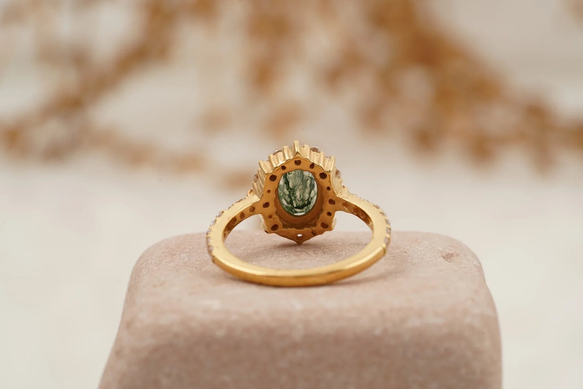 Oval Moss Agate Halo Diamond Engagement Ring 14K Yellow Gold - MinimalistJewels