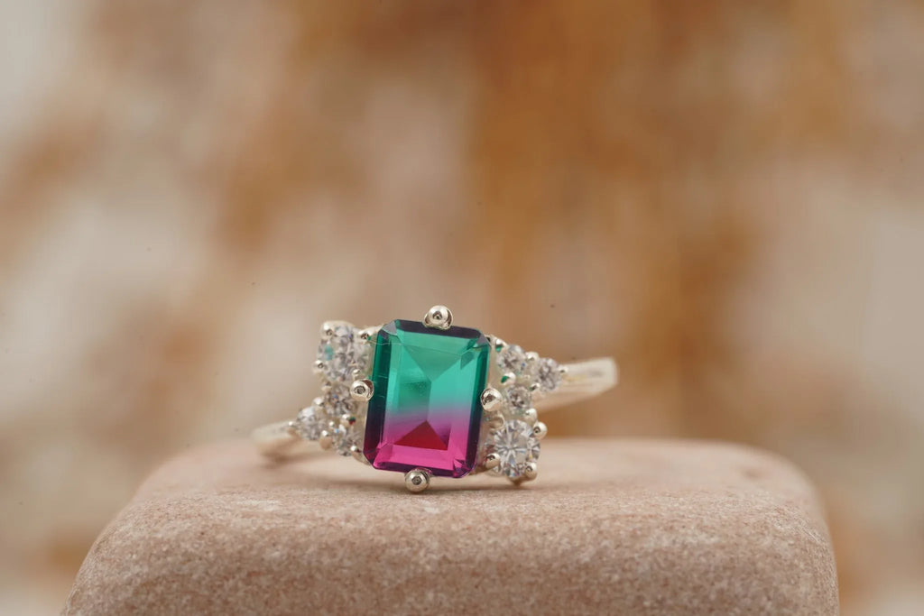 Watermelon Tourmaline 925 Sterling Silver Cluster Engagement Ring - MinimalistJewels