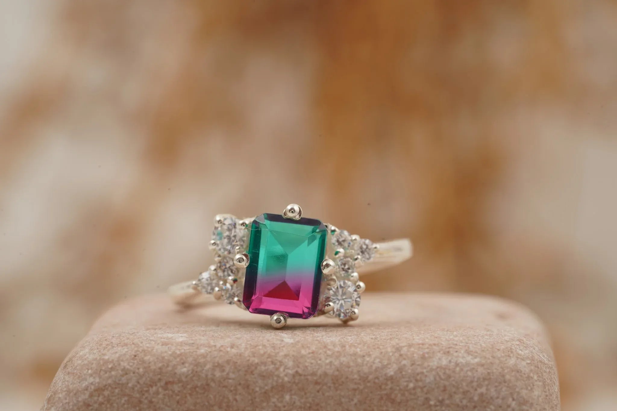 Watermelon Tourmaline 925 Sterling Silver Cluster Engagement Ring - MinimalistJewels
