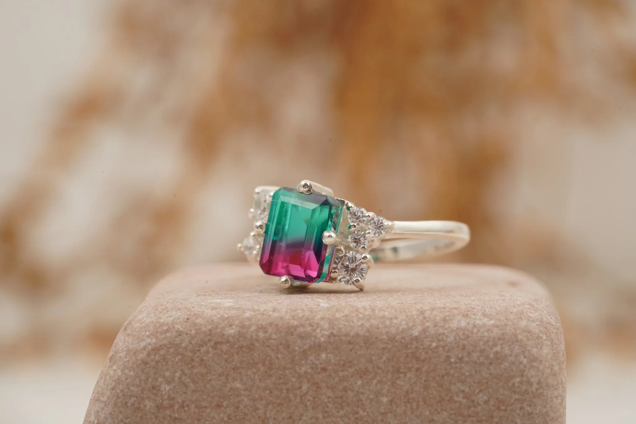 Watermelon Tourmaline 925 Sterling Silver Cluster Engagement Ring - MinimalistJewels