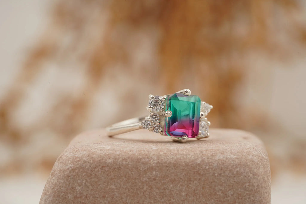 Watermelon Tourmaline 925 Sterling Silver Cluster Engagement Ring - MinimalistJewels