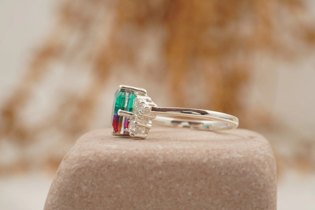 Watermelon Tourmaline 925 Sterling Silver Cluster Engagement Ring - MinimalistJewels