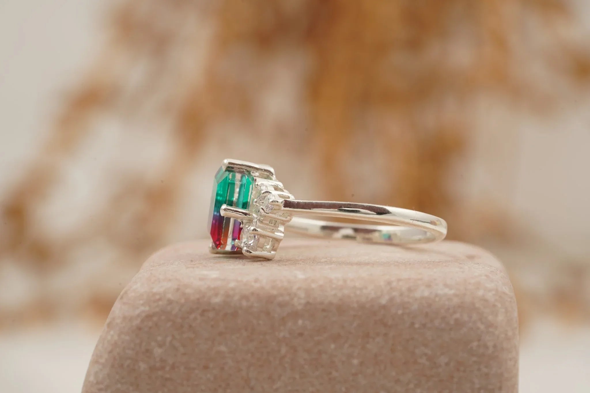 Watermelon Tourmaline 925 Sterling Silver Cluster Engagement Ring - MinimalistJewels
