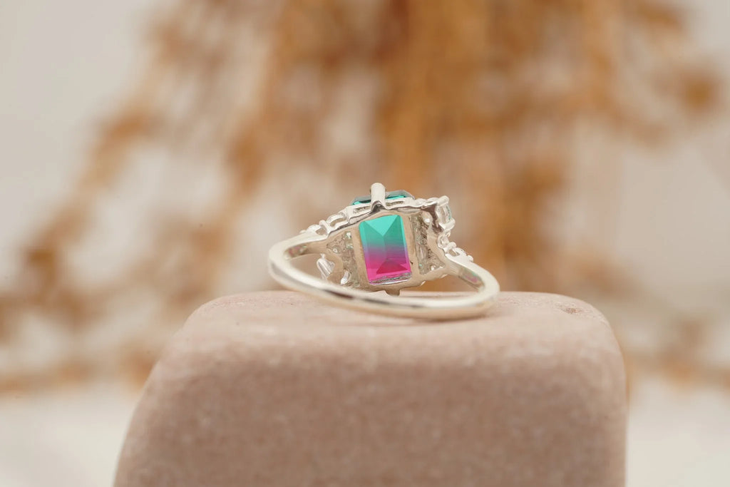 Watermelon Tourmaline 925 Sterling Silver Cluster Engagement Ring - MinimalistJewels