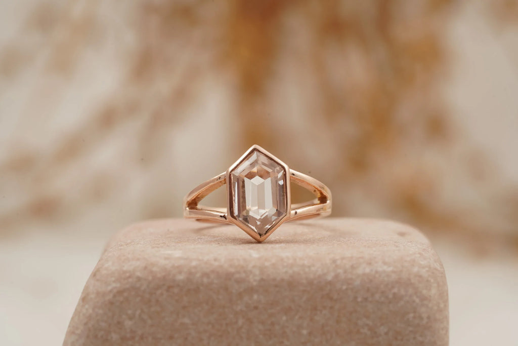 Hexagon Moissanite Bezel Set Engagement Ring Rose Gold - MinimalistJewels