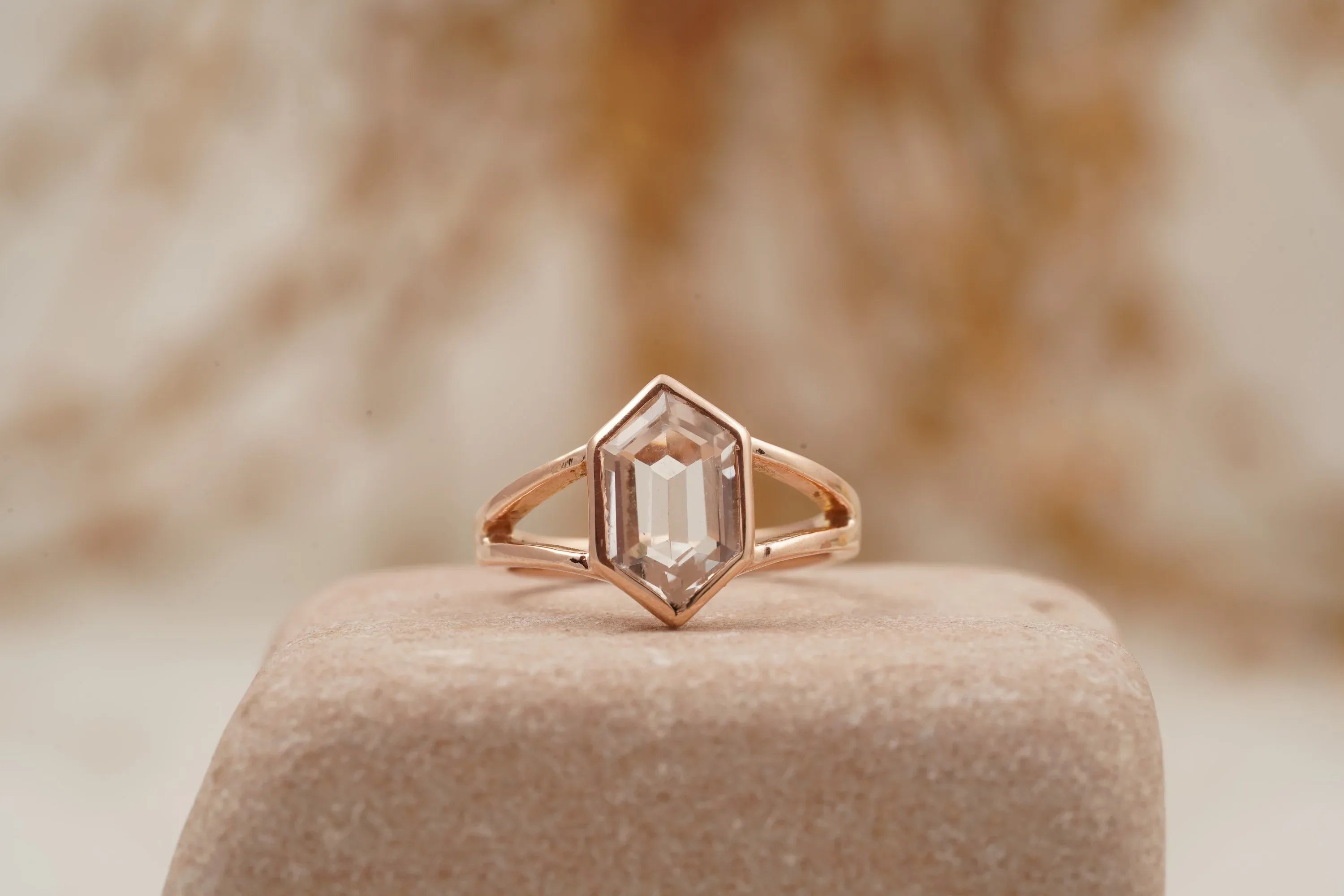 Hexagon Moissanite Bezel Set Engagement Ring Rose Gold - MinimalistJewels
