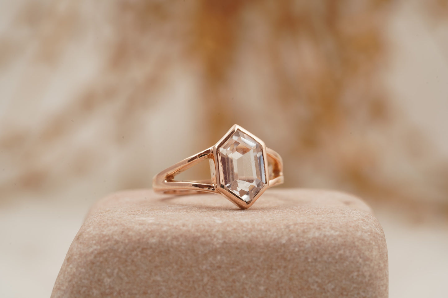 Hexagon Moissanite Bezel Set Engagement Ring Rose Gold