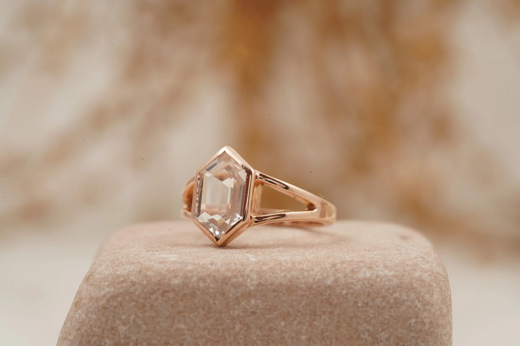 Hexagon Moissanite Bezel Set Engagement Ring Rose Gold - MinimalistJewels