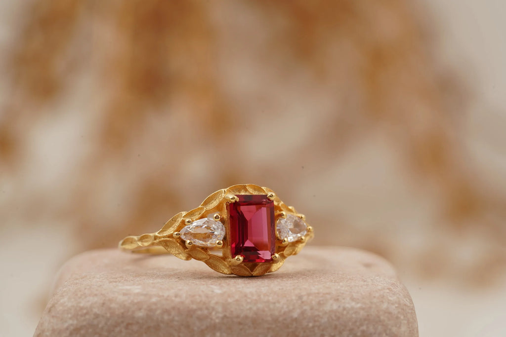 Emerald Cut Ruby Nature Inspired Leaf Gold Stacking Ring - MinimalistJewels