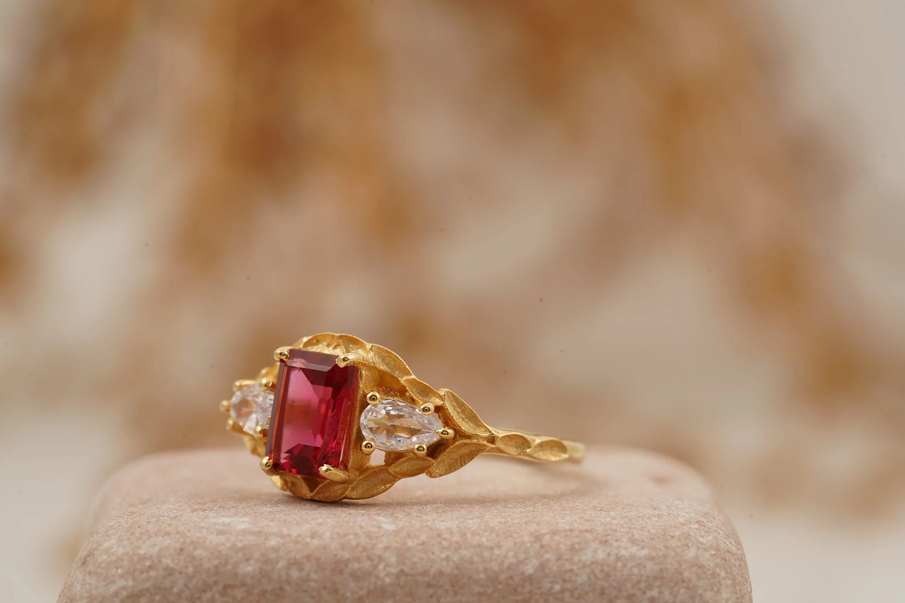 Emerald Cut Ruby Nature Inspired Leaf Gold Stacking Ring - MinimalistJewels