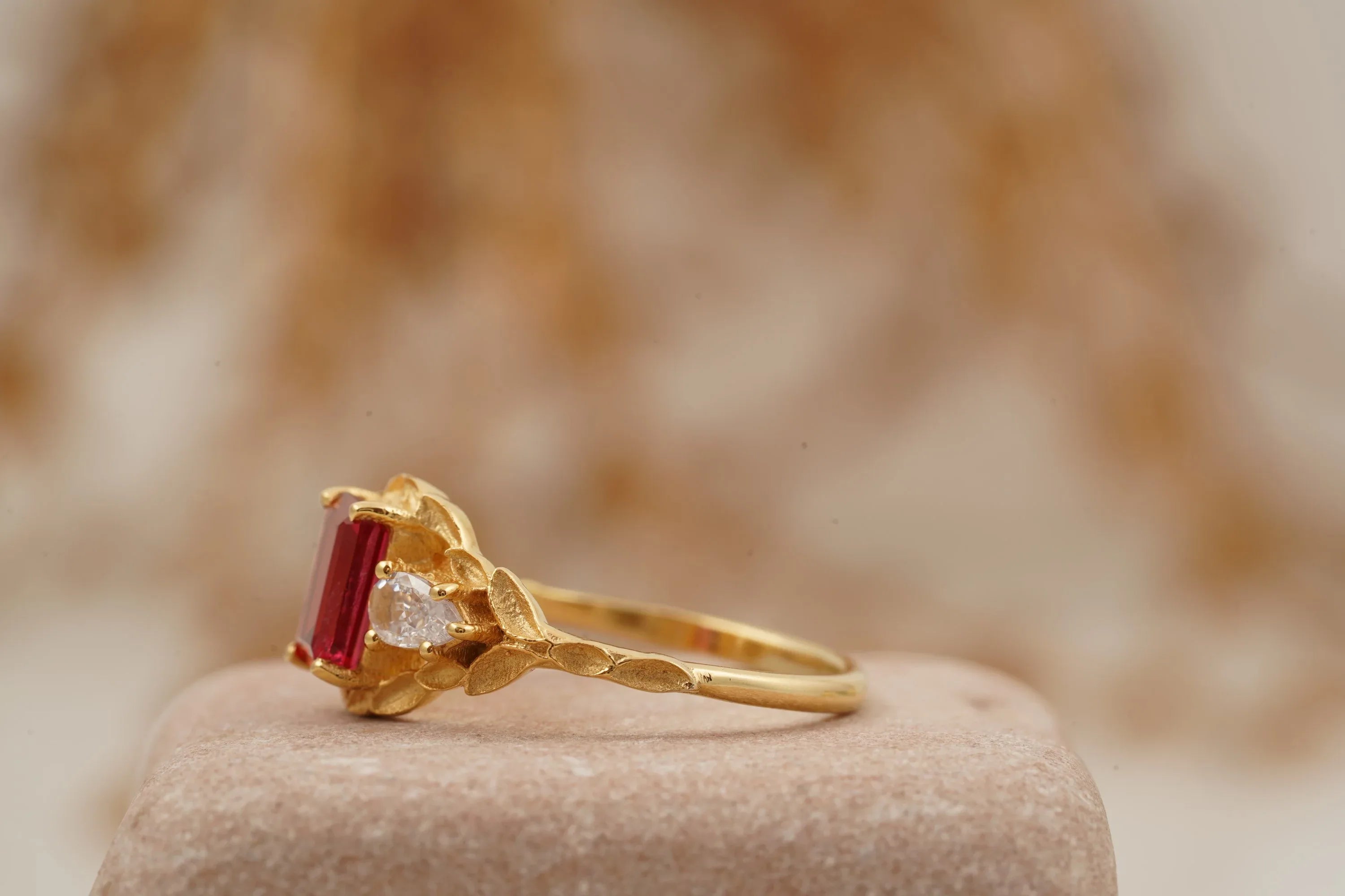 Emerald Cut Ruby Nature Inspired Leaf Gold Stacking Ring - MinimalistJewels
