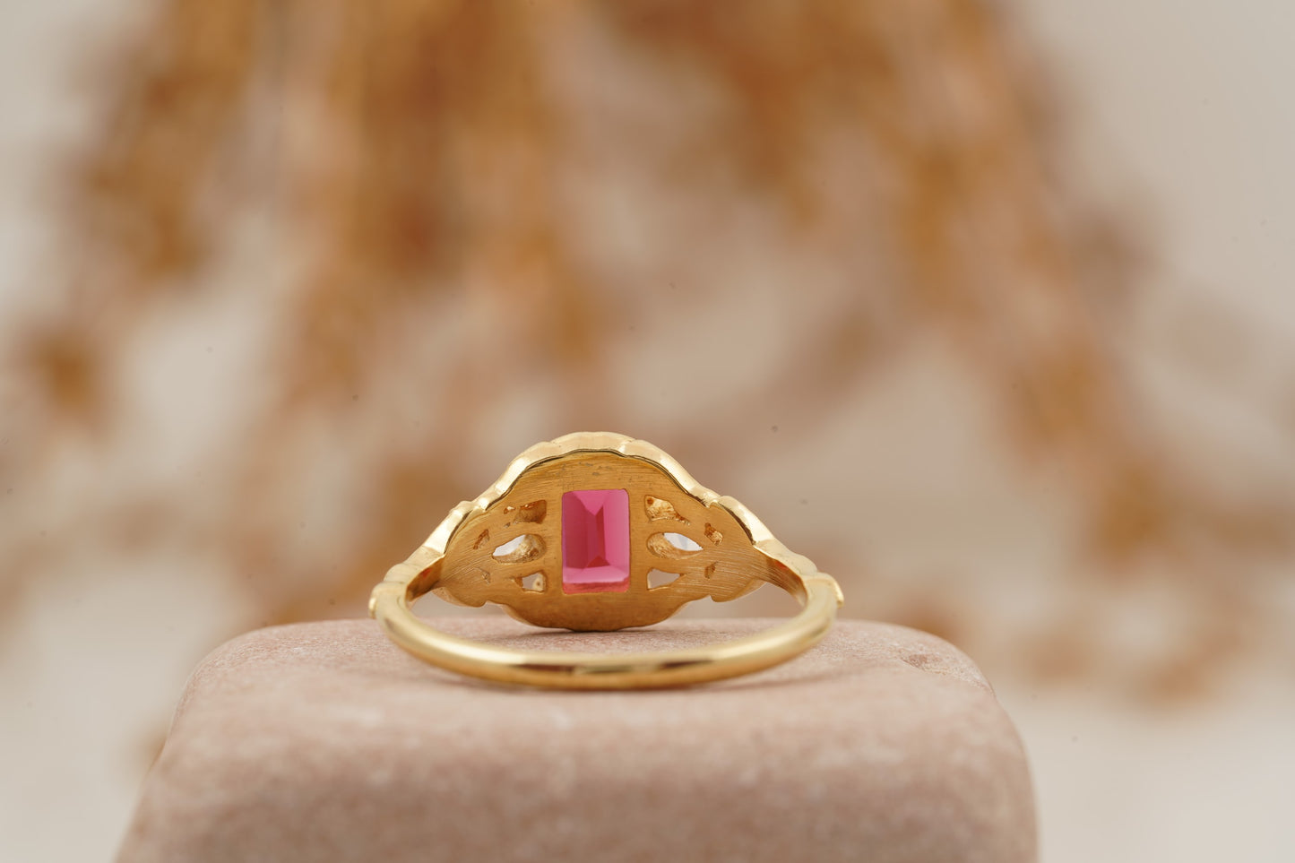 Emerald Cut Ruby Nature Inspired Leaf Gold Stacking Ring