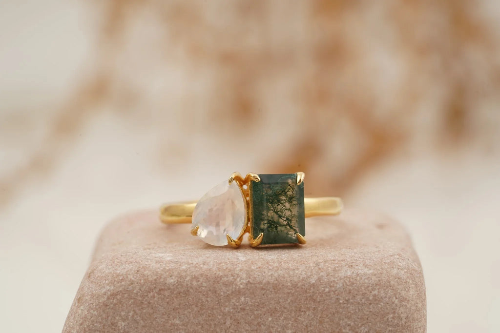 Double Stone Moss Agate And Moonstone Toi Et Moi Engagement Ring - MinimalistJewels