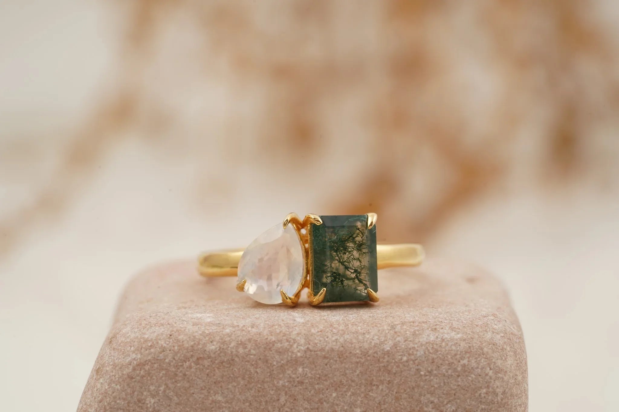 Double Stone Moss Agate And Moonstone Toi Et Moi Engagement Ring - MinimalistJewels