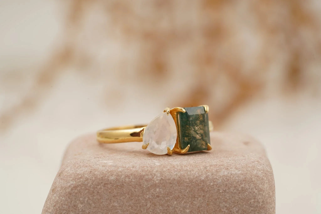 Double Stone Moss Agate And Moonstone Toi Et Moi Engagement Ring - MinimalistJewels