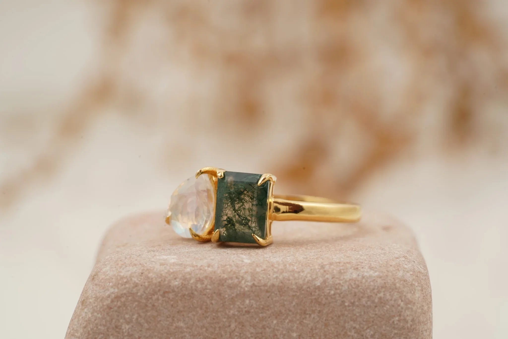 Double Stone Moss Agate And Moonstone Toi Et Moi Engagement Ring - MinimalistJewels