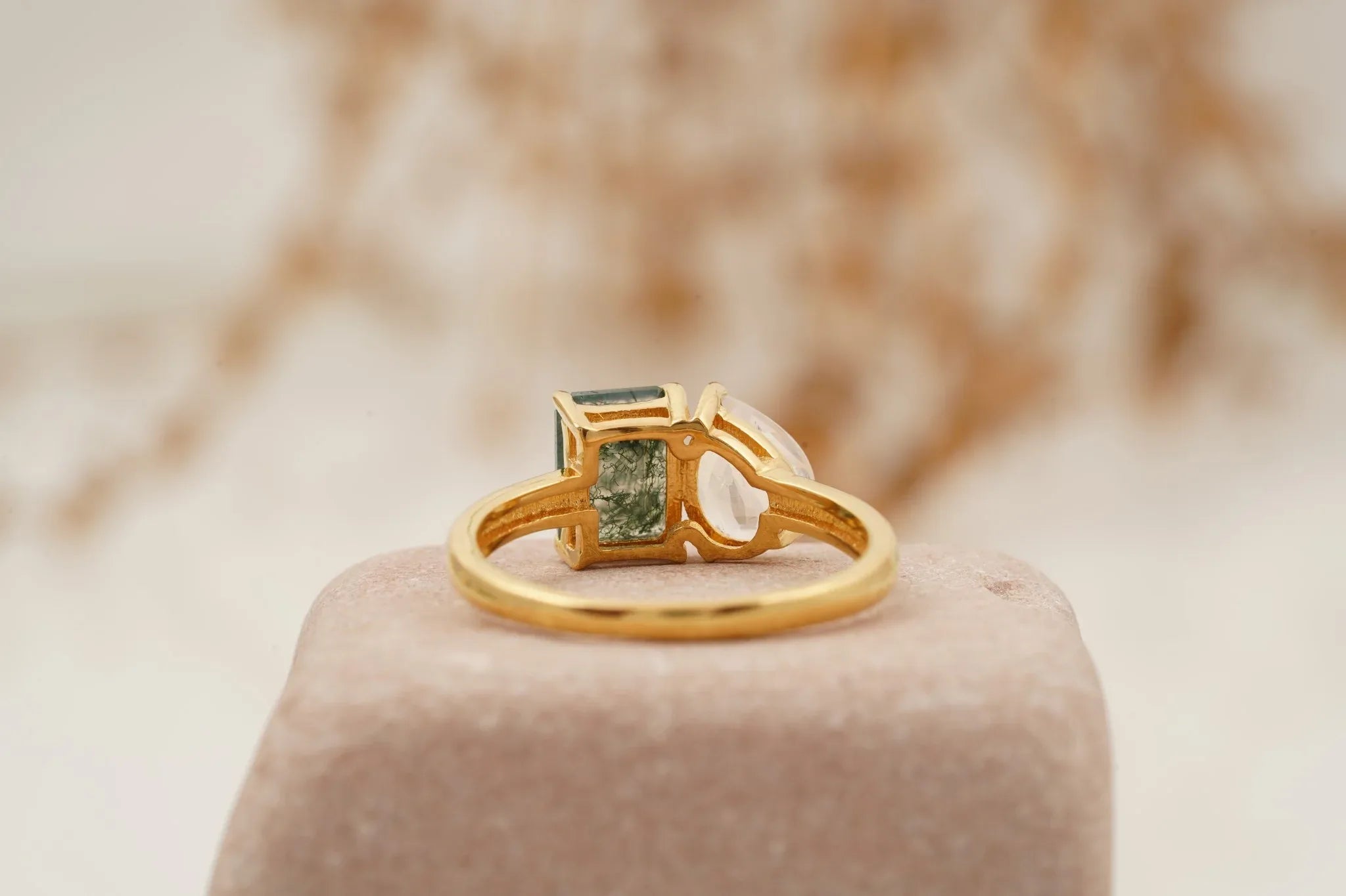 Double Stone Moss Agate And Moonstone Toi Et Moi Engagement Ring - MinimalistJewels