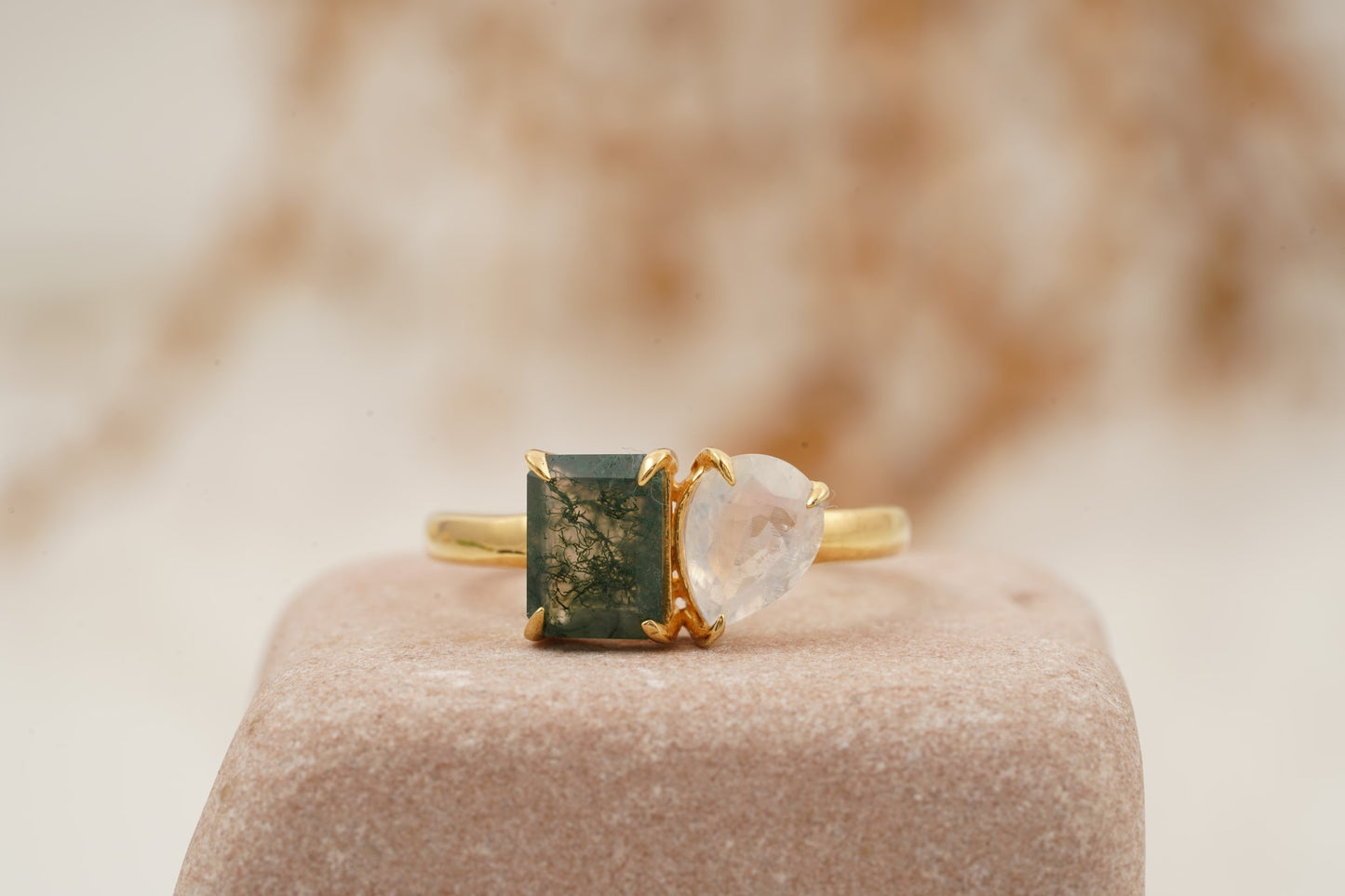 Double Stone Moss Agate And Moonstone Toi Et Moi Engagement Ring