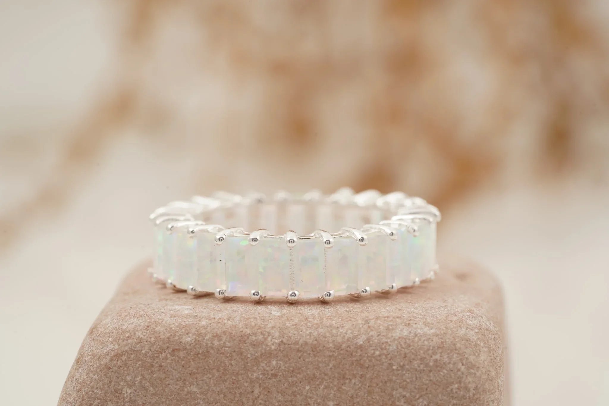 Baguette Cut Fire Opal Wedding Band 925 Sterling Silver - MinimalistJewels