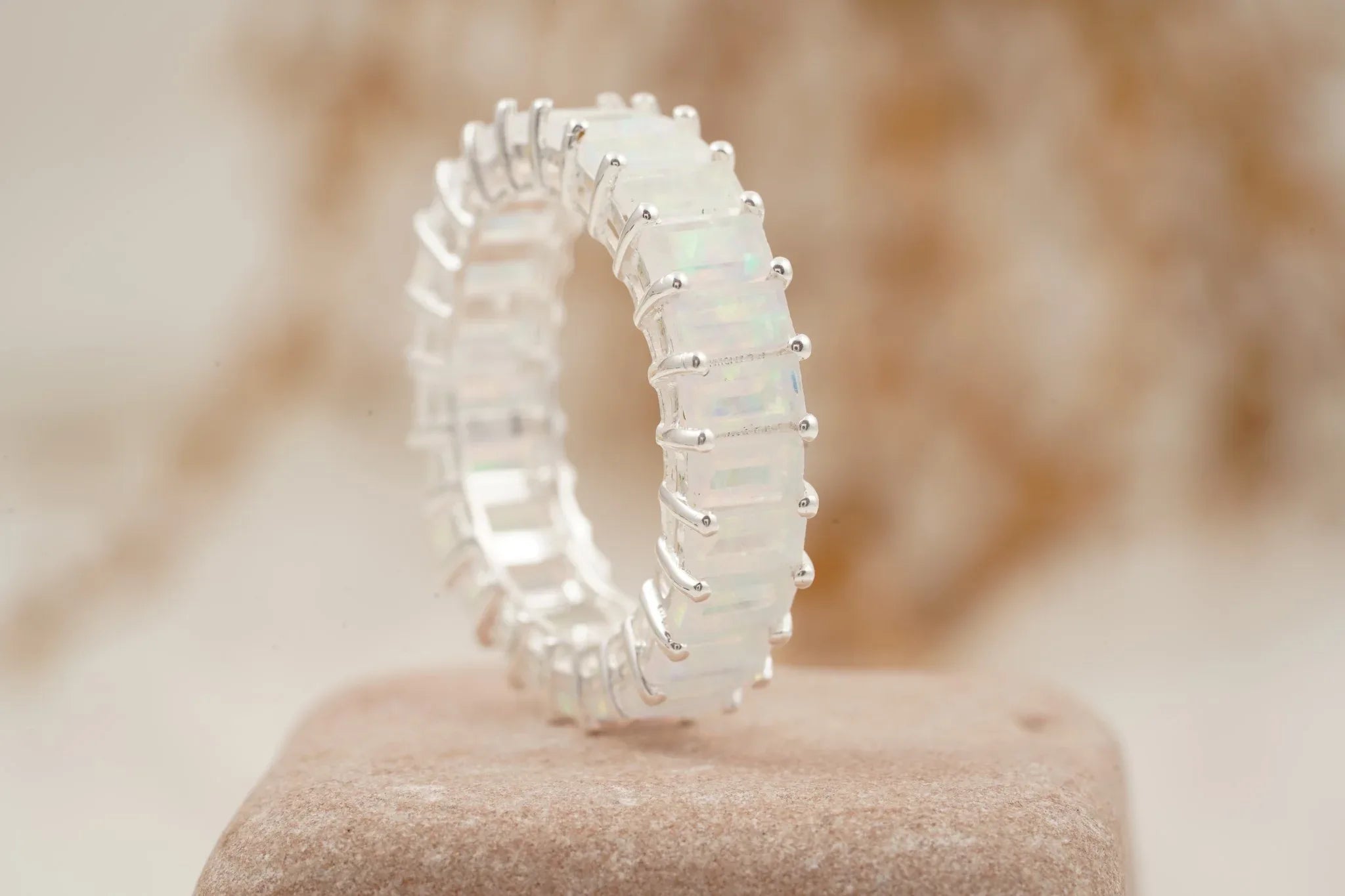 Baguette Cut Fire Opal Wedding Band 925 Sterling Silver - MinimalistJewels