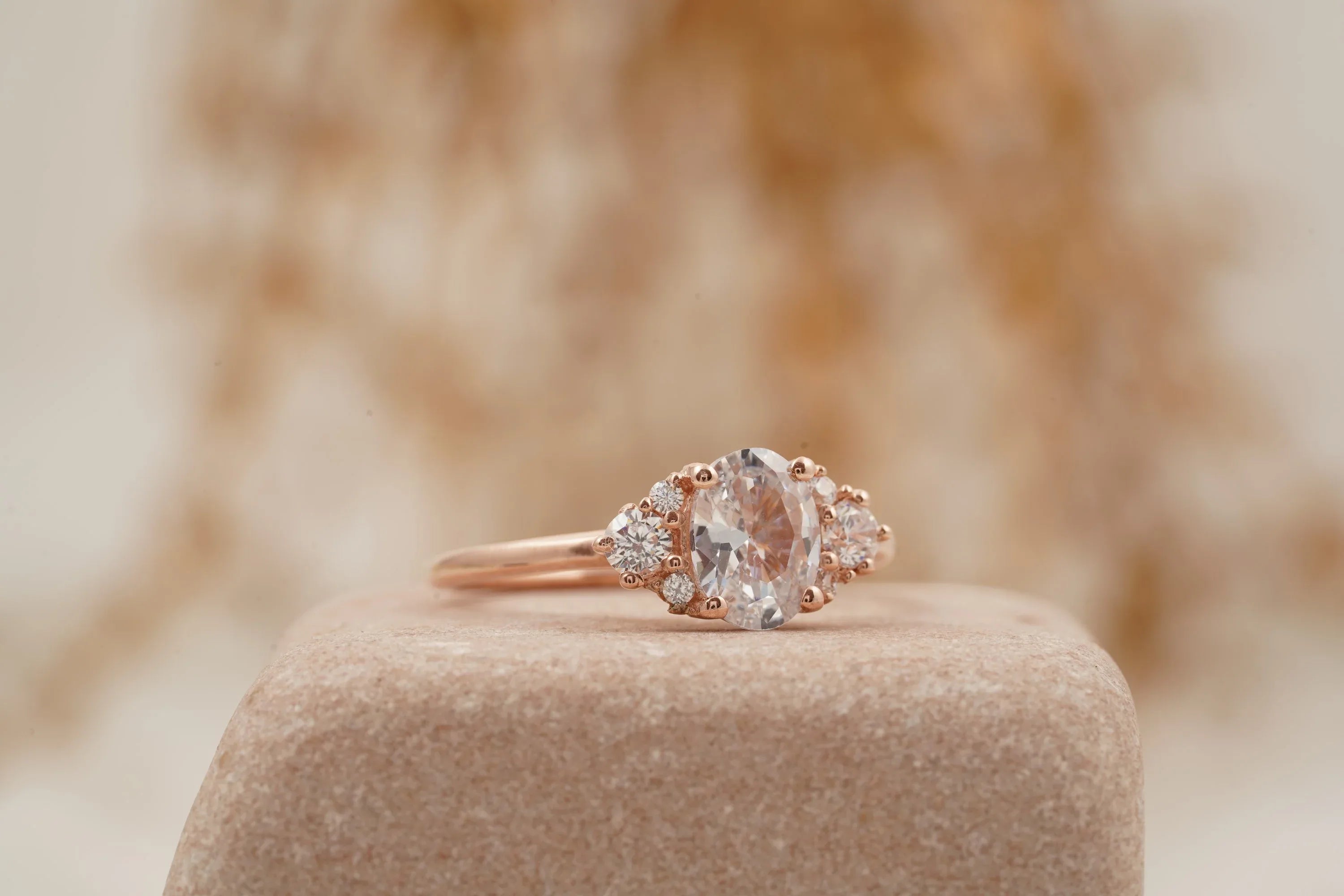 1.5ct Oval Cut Moissanite Cluster Rose Gold Engagement Ring - MinimalistJewels