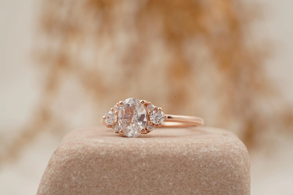 1.5ct Oval Cut Moissanite Cluster Rose Gold Engagement Ring - MinimalistJewels