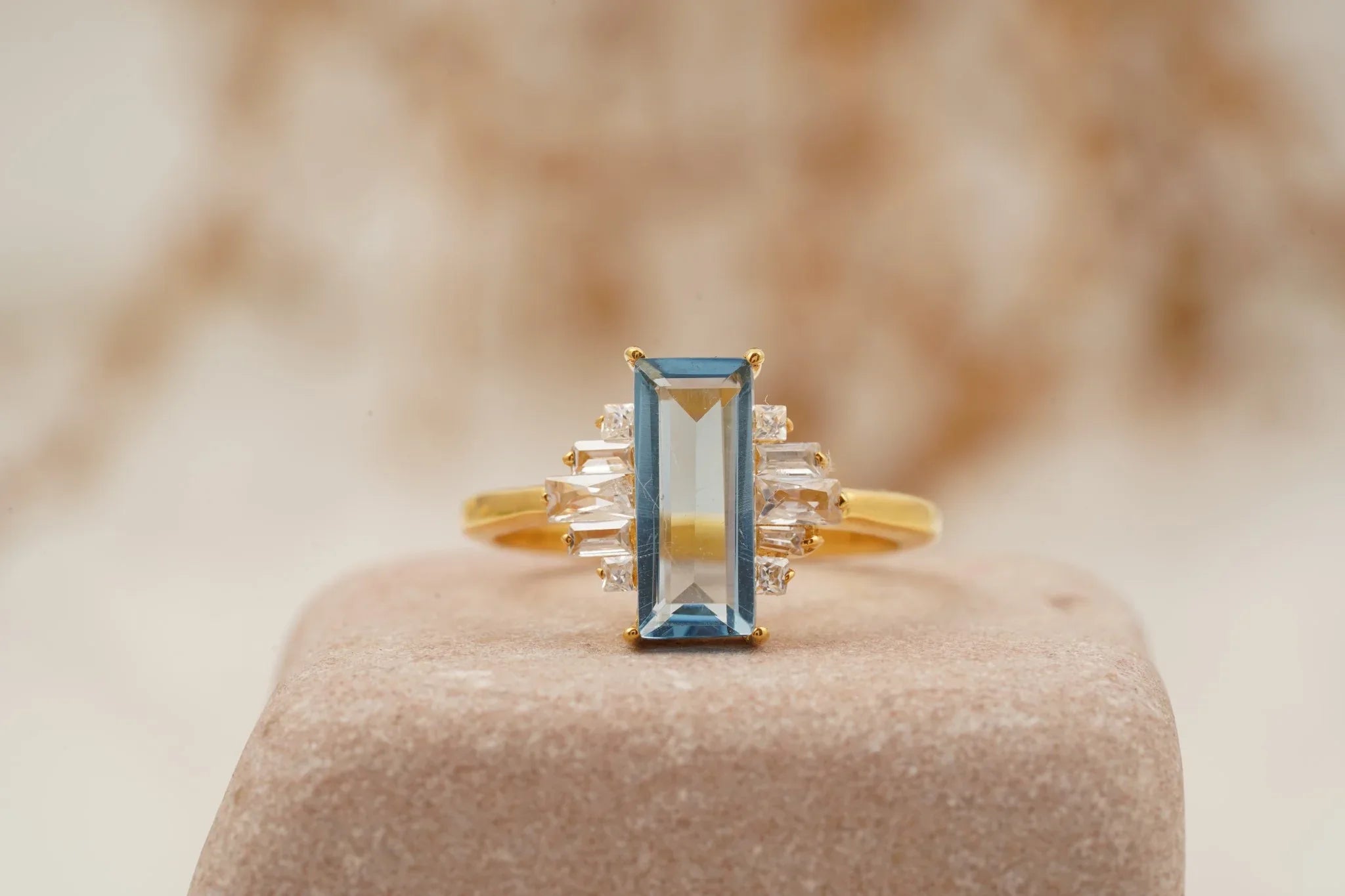 Antique Aquamarine and Moissanite Engagement Ring - MinimalistJewels