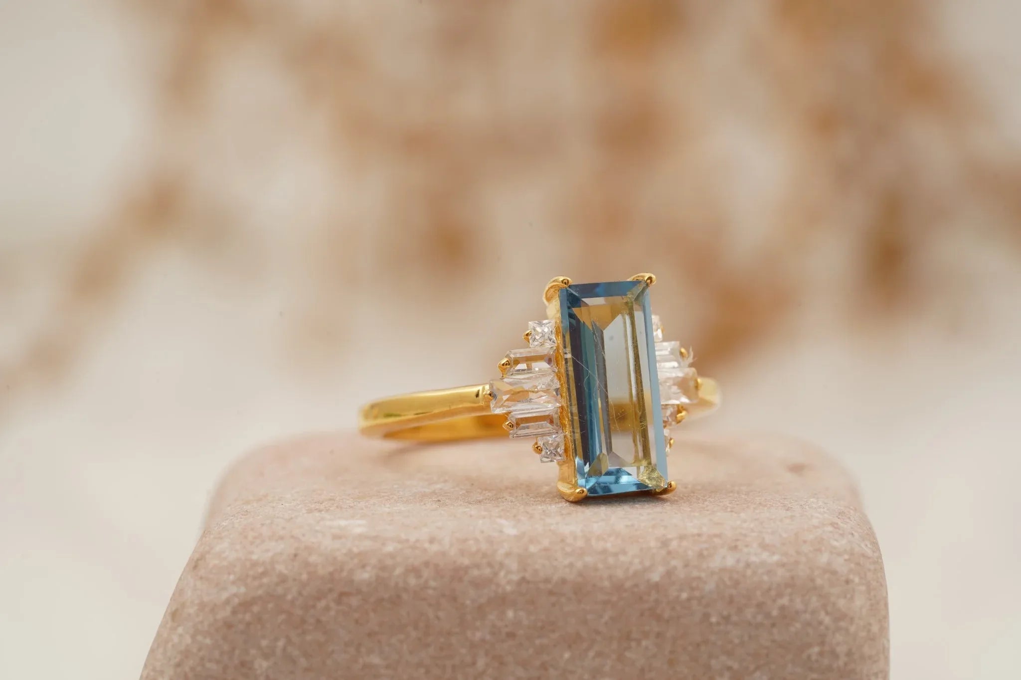 Antique Aquamarine and Moissanite Engagement Ring - MinimalistJewels