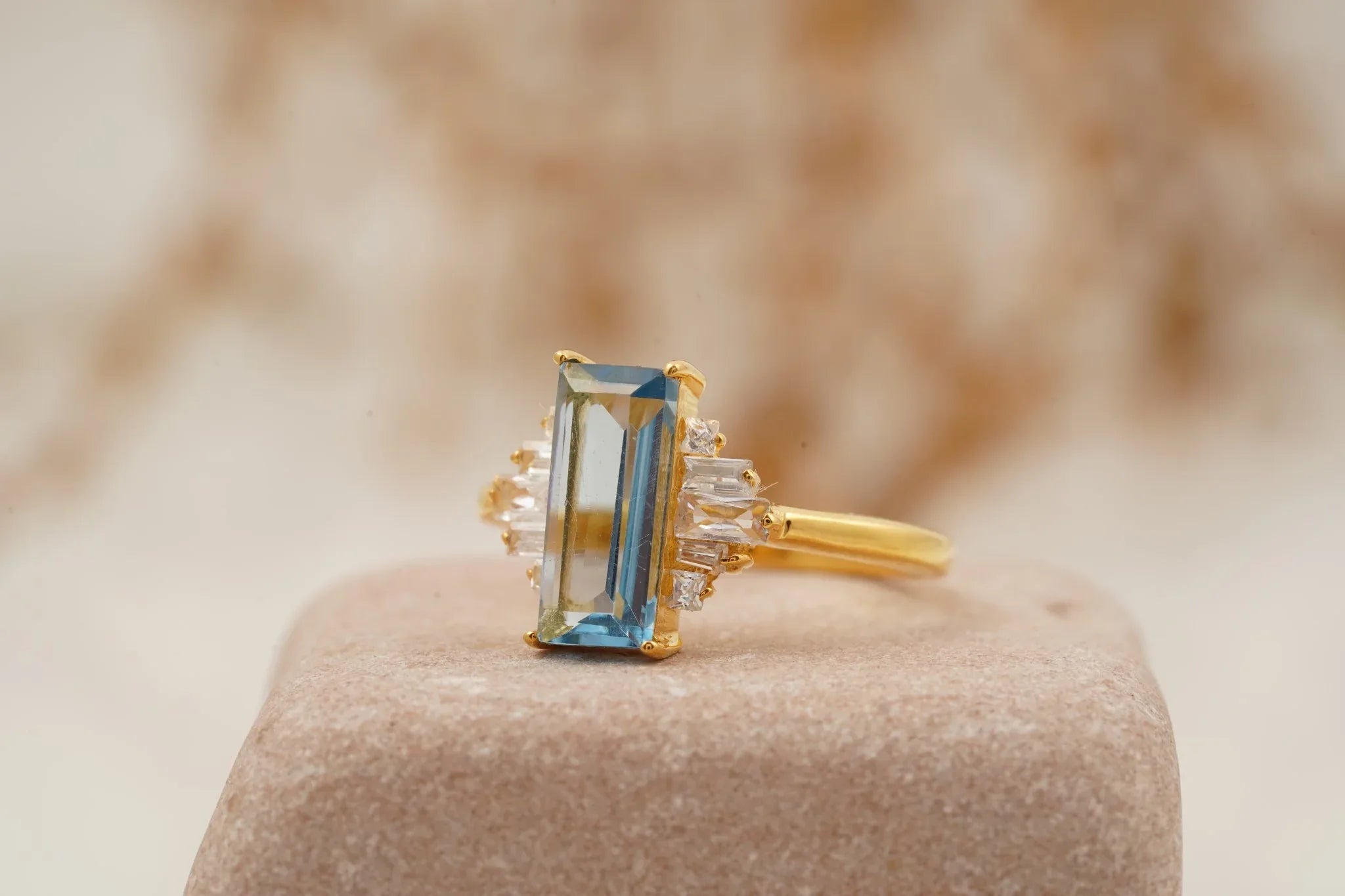 Antique Aquamarine and Moissanite Engagement Ring - MinimalistJewels