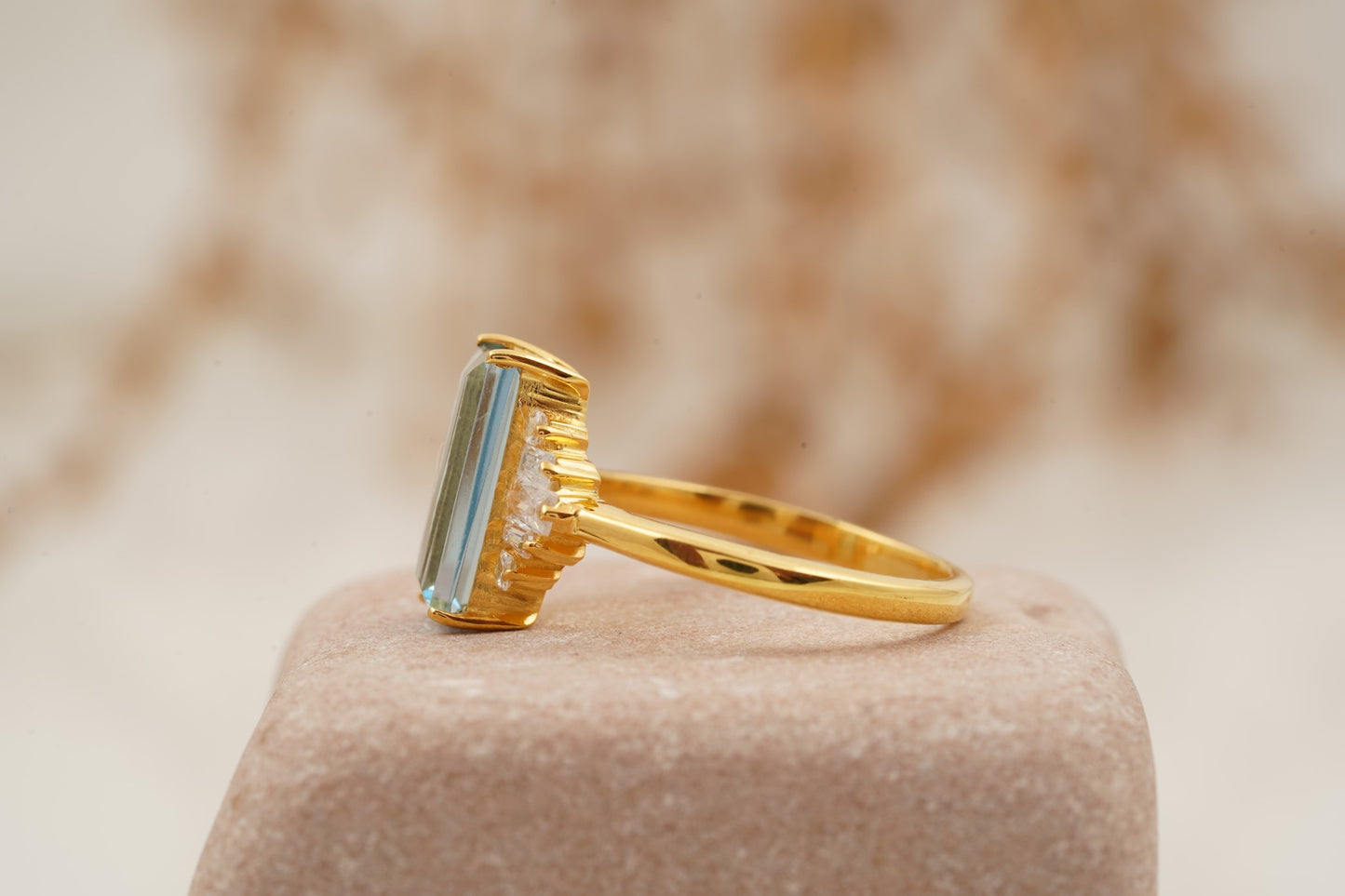 Antique Aquamarine and Moissanite Engagement Ring 14K Solid Gold