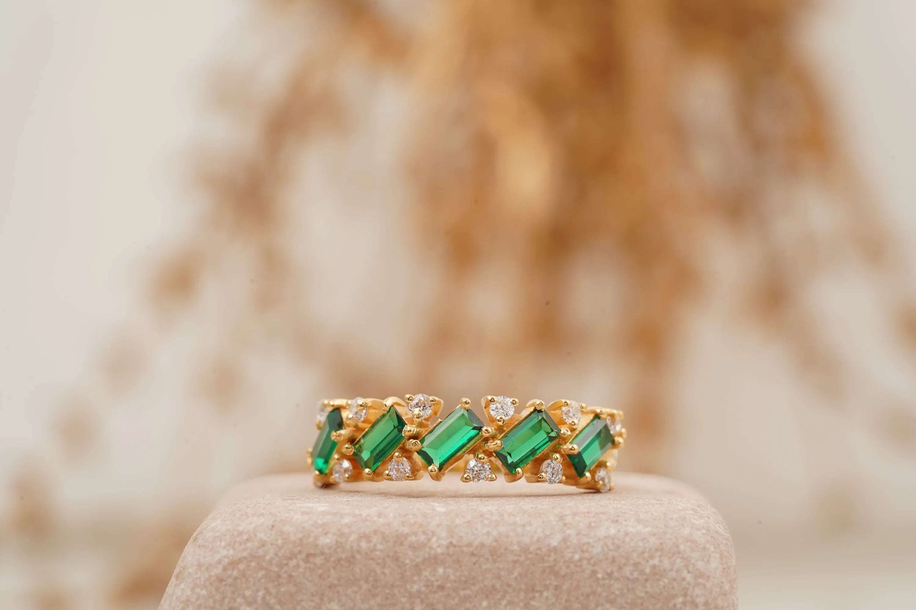 Baguette Cut Emerald Gemstone Stacking Matching Wedding Band - MinimalistJewels