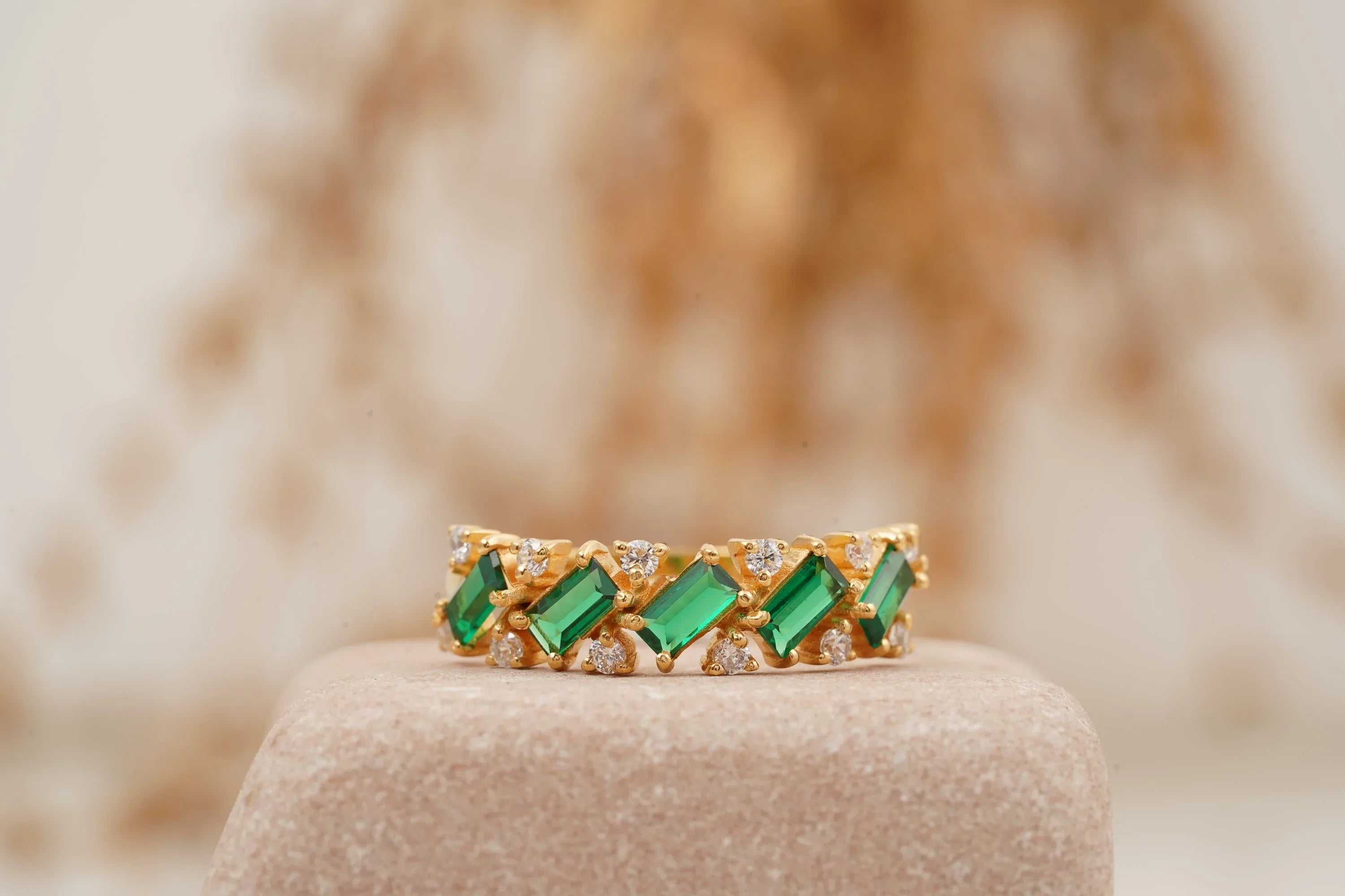 Baguette Cut Emerald Gemstone Stacking Matching Wedding Band - MinimalistJewels