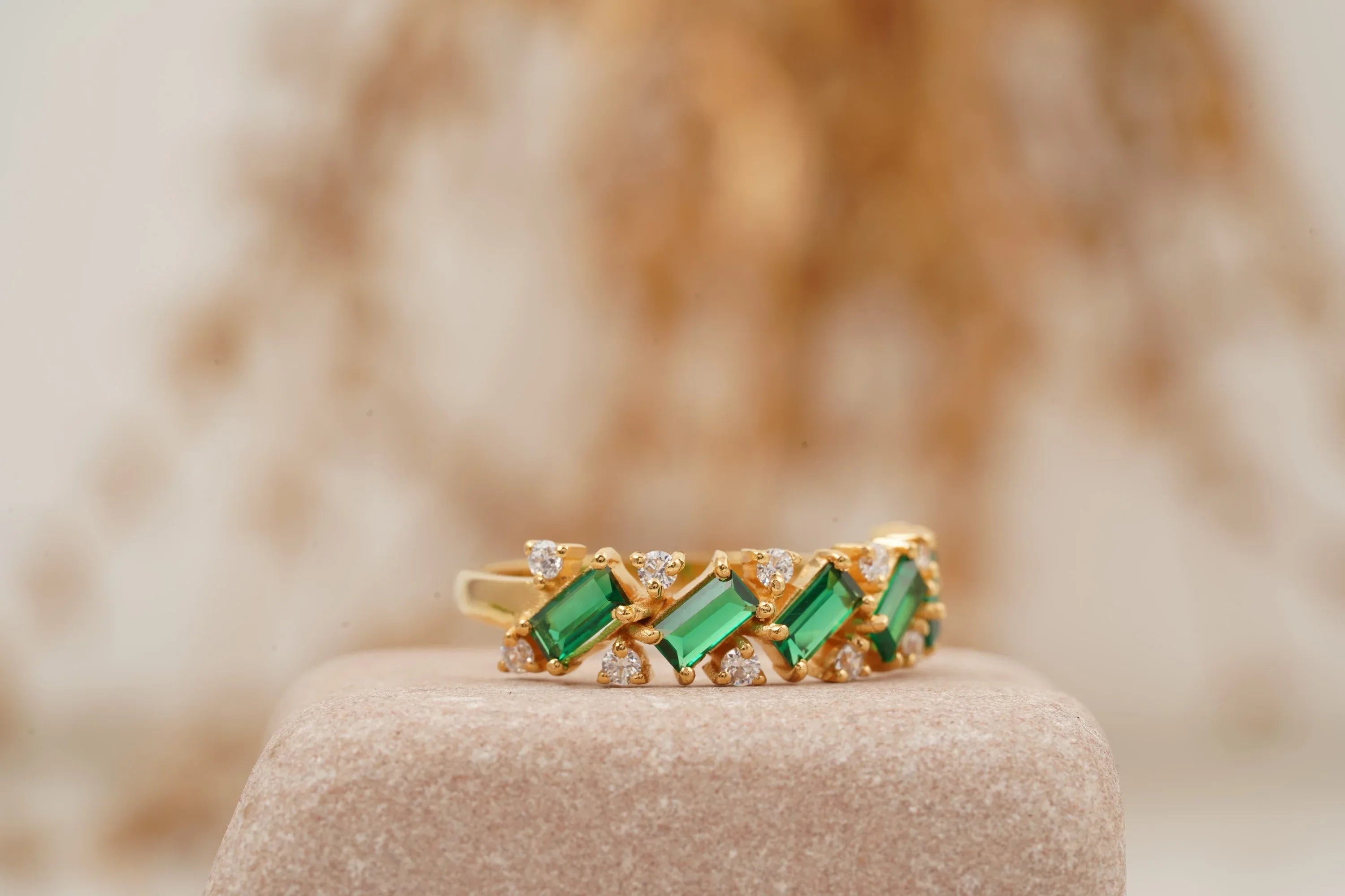 Baguette Cut Emerald Gemstone Stacking Matching Wedding Band - MinimalistJewels