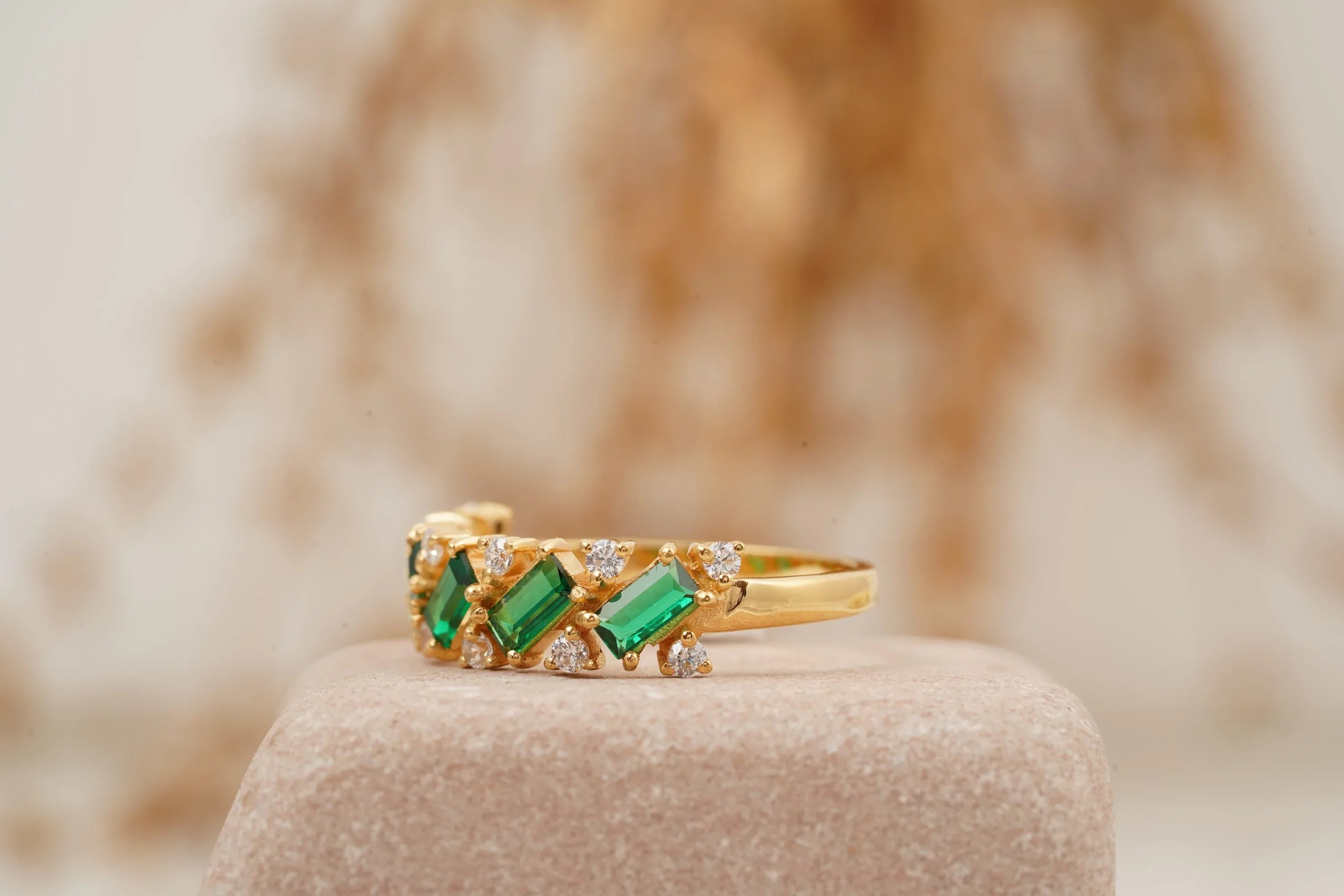 Baguette Cut Emerald Gemstone Stacking Matching Wedding Band - MinimalistJewels