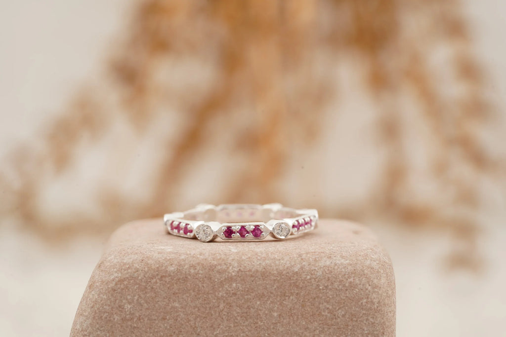 Ruby And Diamond Wedding Band 925 Sterling Silver - MinimalistJewels
