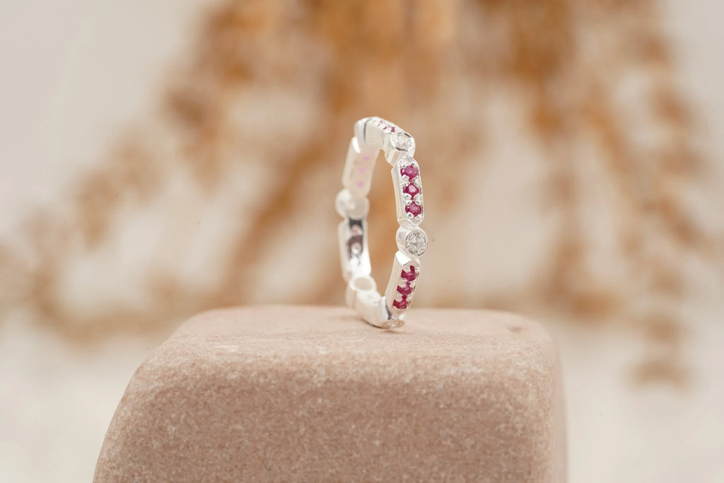 Ruby And Diamond Wedding Band 925 Sterling Silver - MinimalistJewels