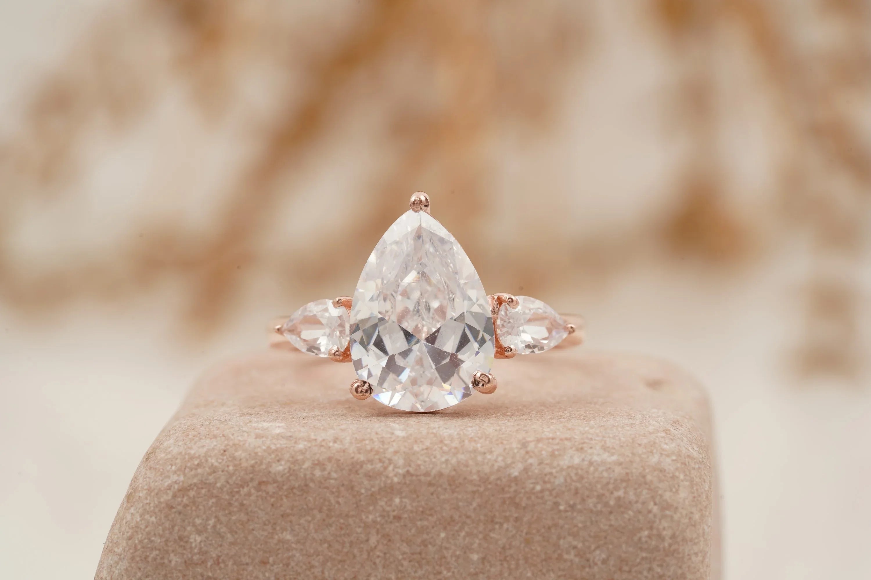 Pear Shaped Moissanite Engagement Ring Three Stone Ring - MinimalistJewels