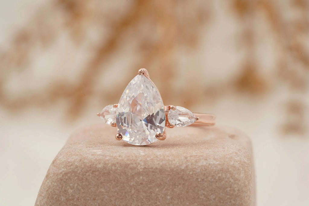 Pear Shaped Moissanite Engagement Ring Three Stone Ring - MinimalistJewels