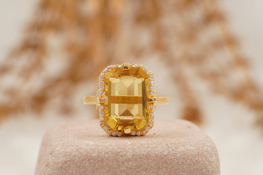 2Ct Large Citrine Emerald Cut Halo Diamond Engagement Ring