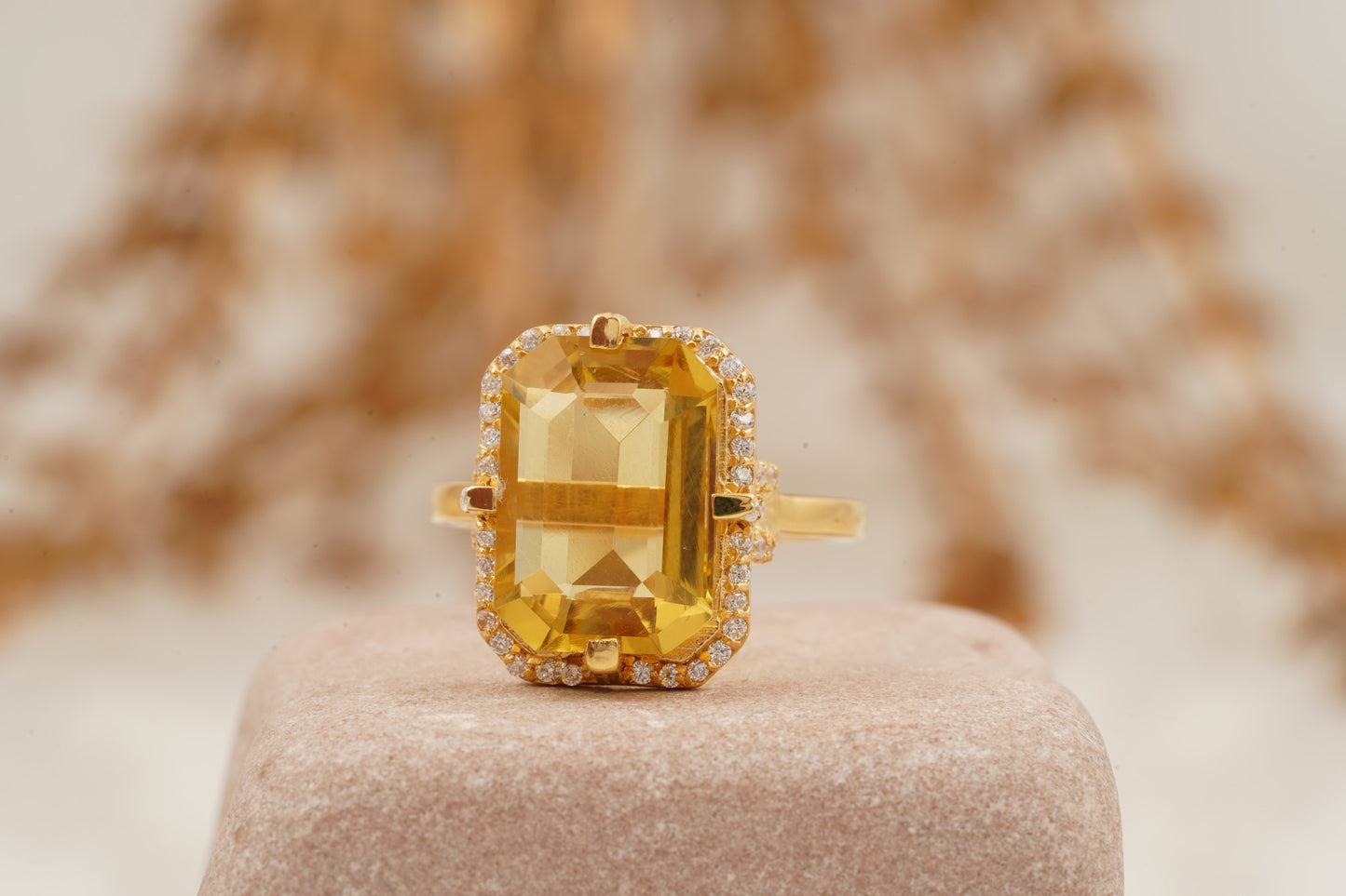 2Ct Large Citrine Emerald Cut Halo Diamond Engagement Ring