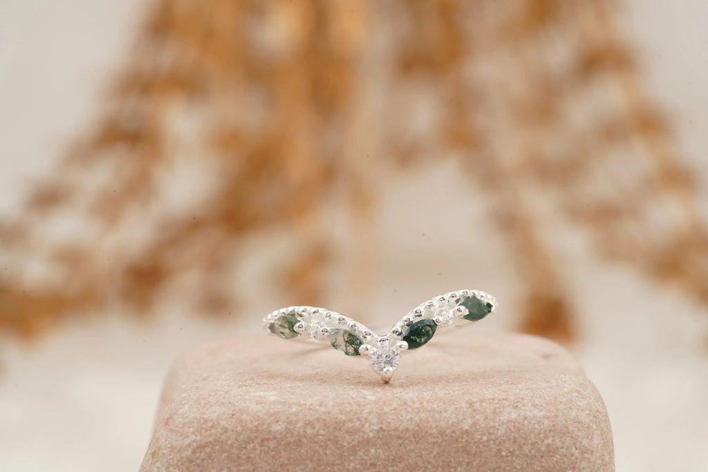 Marquise Moss Agate Wedding Band 925 Sterling Silver Ring - MinimalistJewels