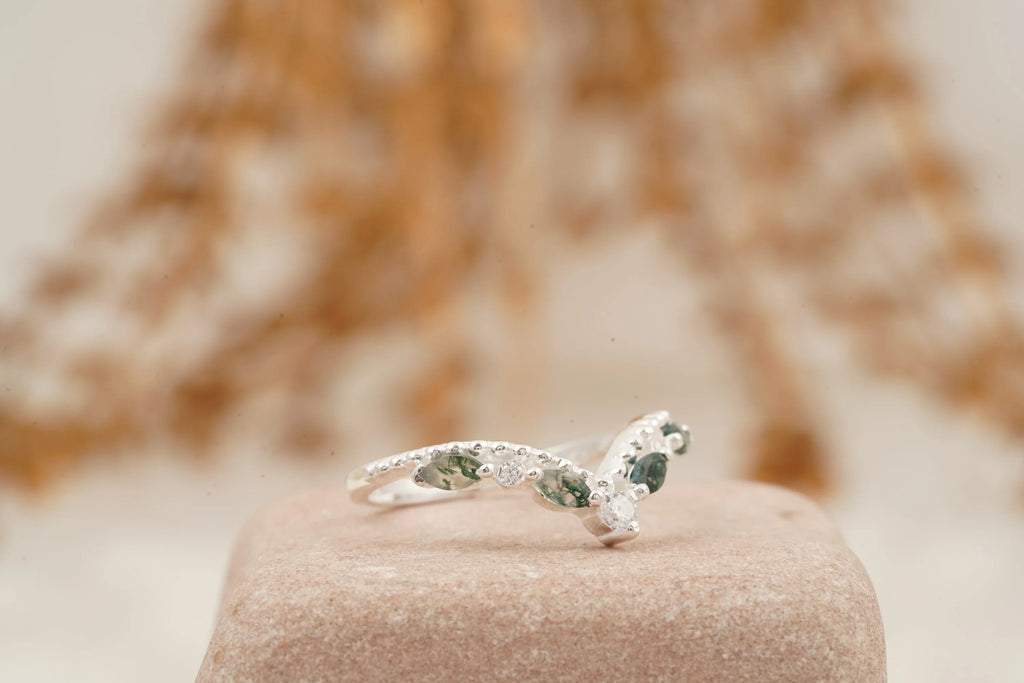 Marquise Moss Agate Wedding Band 925 Sterling Silver Ring - MinimalistJewels