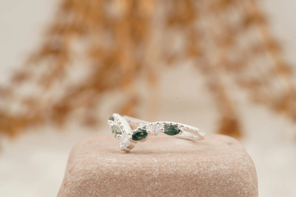 Marquise Moss Agate Wedding Band 925 Sterling Silver Ring - MinimalistJewels