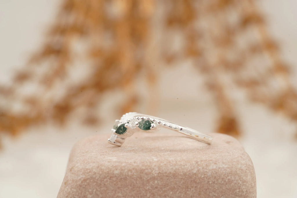Marquise Moss Agate Wedding Band 925 Sterling Silver Ring - MinimalistJewels
